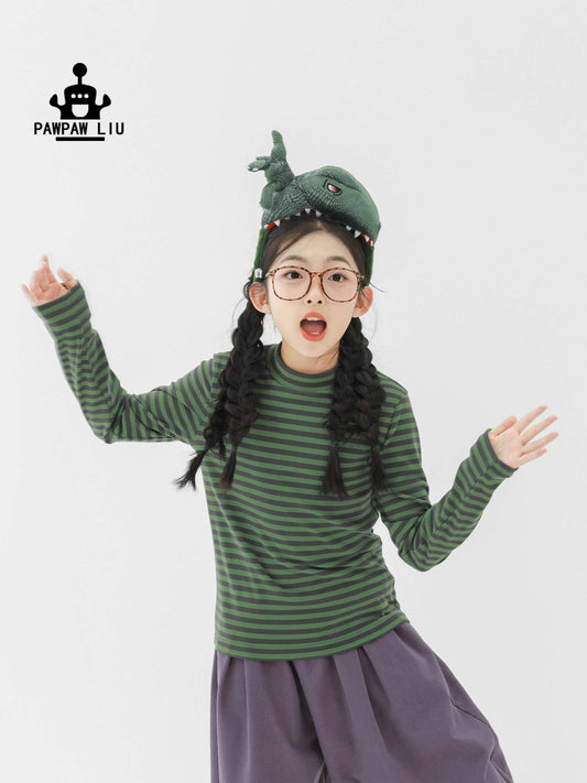 長袖Tシャツ Pawpaw Liu | Blue Green Striped Base Shirt ブルーグリーン ボーダー 長袖 トップス【mh0020074】