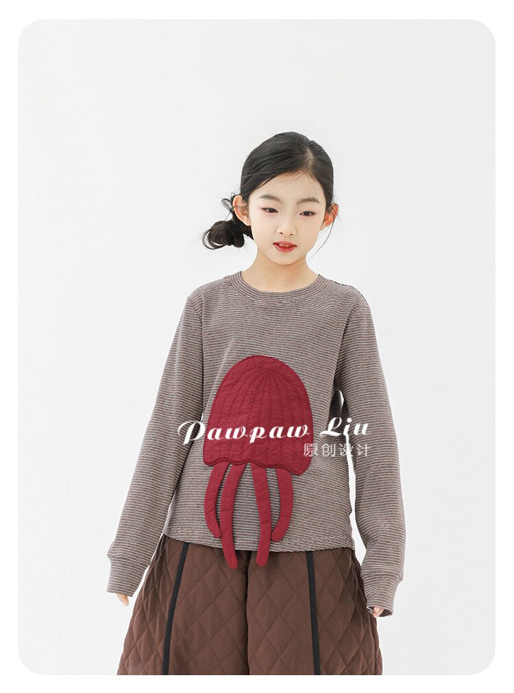 長袖Tシャツ Pawpaw Liu | Gray Jellyfish Striped T-Shirt グレー クラゲ ストライプ Tシャツ【mh0020086】