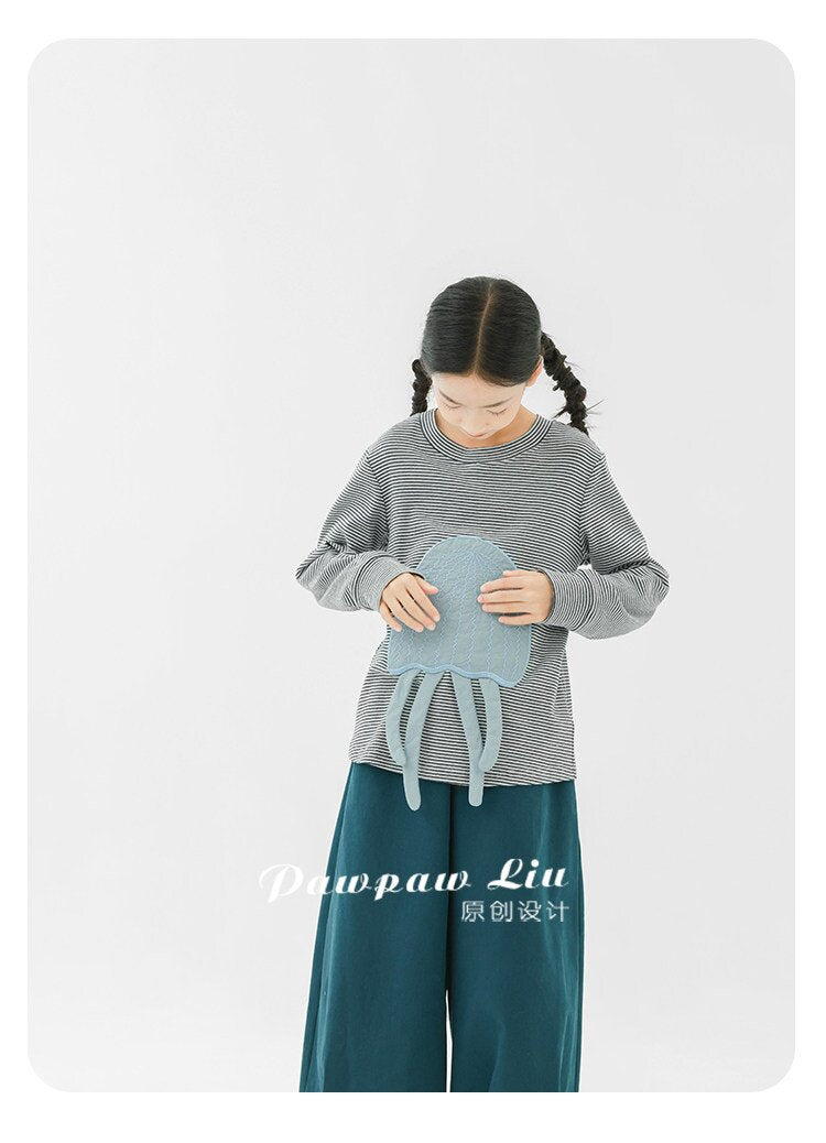 長袖Tシャツ Pawpaw Liu | Gray Jellyfish Striped T-Shirt グレー クラゲ ストライプ Tシャツ【mh0020086】