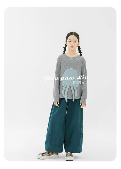 長袖Tシャツ Pawpaw Liu | Gray Jellyfish Striped T-Shirt グレー クラゲ ストライプ Tシャツ【mh0020086】