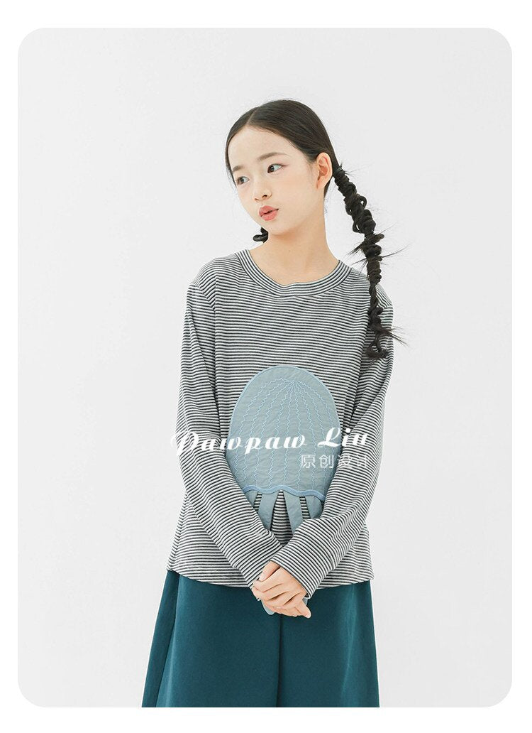 長袖Tシャツ Pawpaw Liu | Gray Jellyfish Striped T-Shirt グレー クラゲ ストライプ Tシャツ【mh0020086】