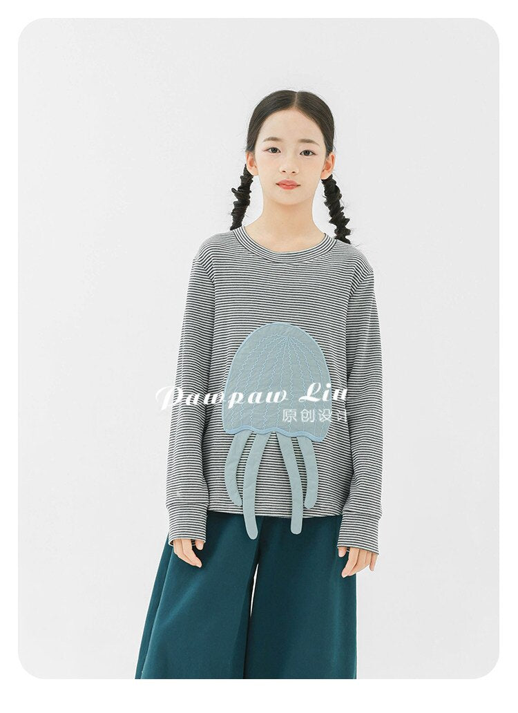 長袖Tシャツ Pawpaw Liu | Gray Jellyfish Striped T-Shirt グレー クラゲ ストライプ Tシャツ【mh0020086】