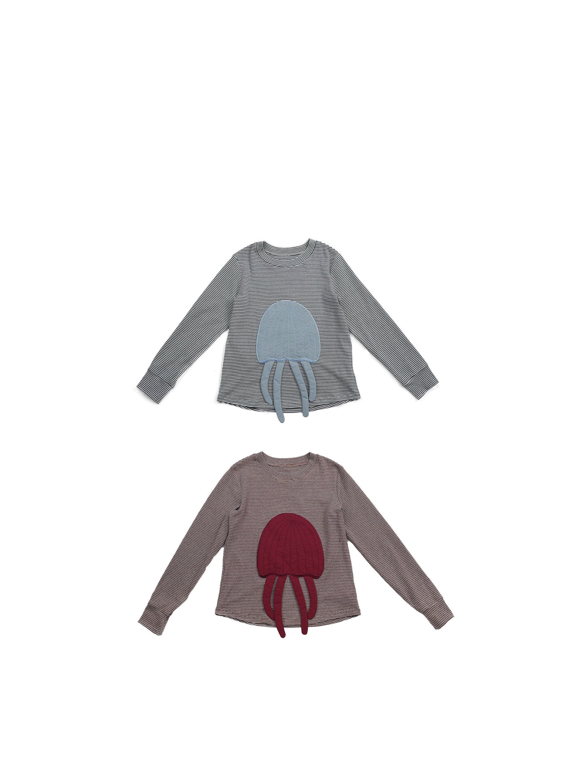 長袖Tシャツ Pawpaw Liu | Gray Jellyfish Striped T-Shirt グレー クラゲ ストライプ Tシャツ【mh0020086】