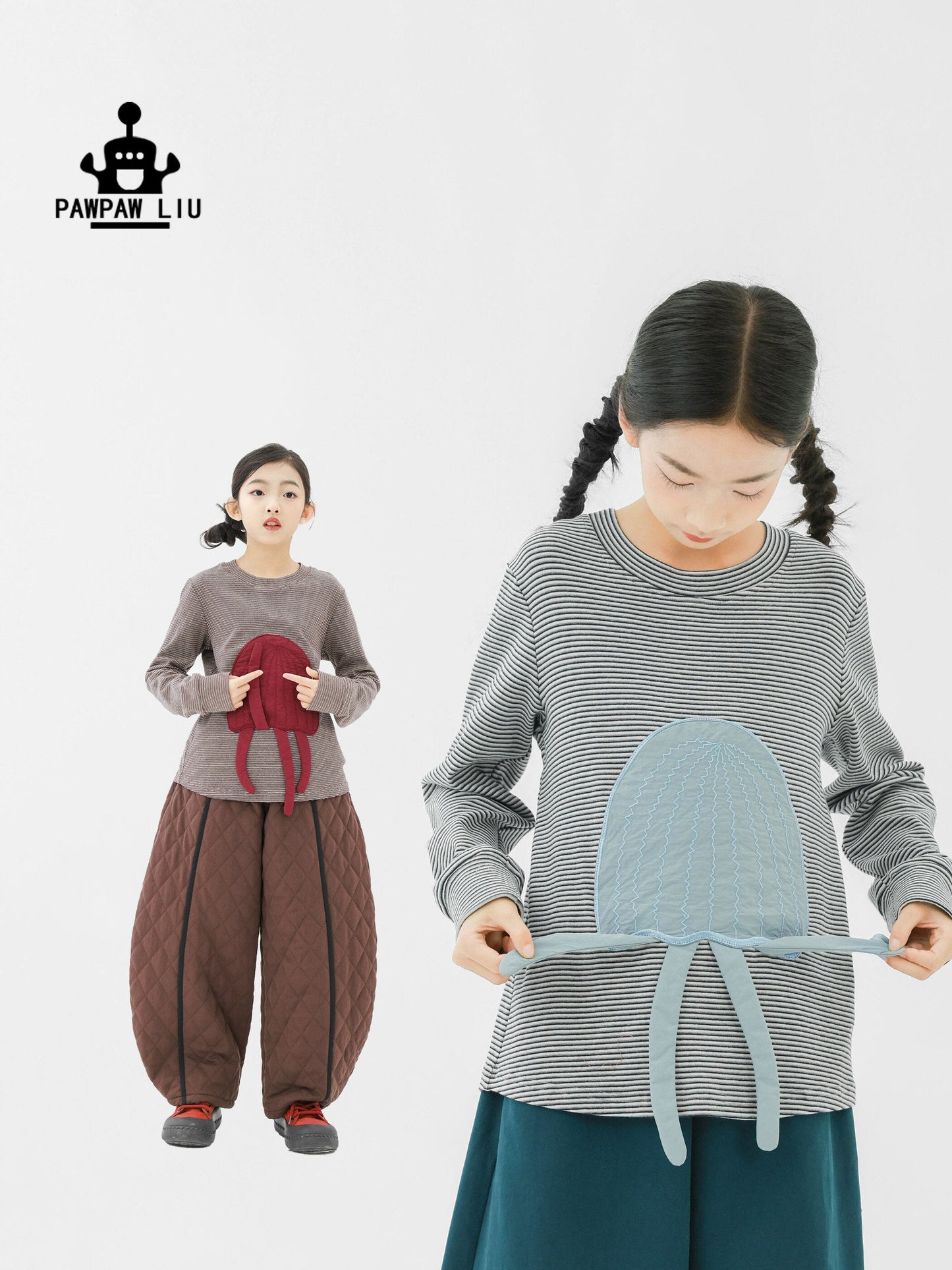 長袖Tシャツ Pawpaw Liu | Gray Jellyfish Striped T-Shirt グレー クラゲ ストライプ Tシャツ【mh0020086】