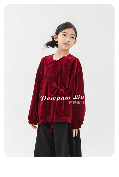 長袖Tシャツ Pawpaw Liu | Red Gold Velvet Long Sleeve T-Shirt ベロア ベルベット 長袖 Tシャツ【mh0020072】