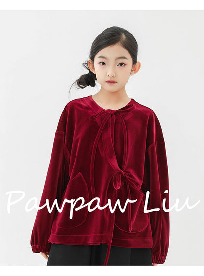 長袖Tシャツ Pawpaw Liu | Red Gold Velvet Long Sleeve T-Shirt ベロア ベルベット 長袖 Tシャツ【mh0020072】