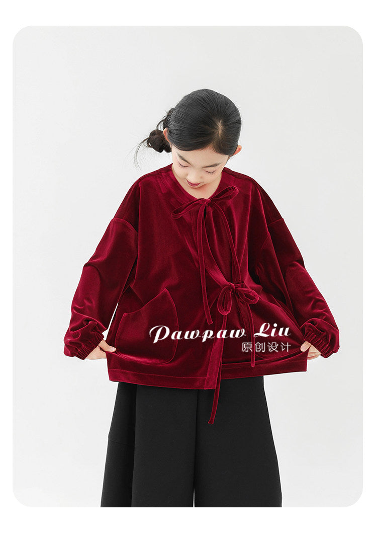長袖Tシャツ Pawpaw Liu | Red Gold Velvet Long Sleeve T-Shirt ベロア ベルベット 長袖 Tシャツ【mh0020072】