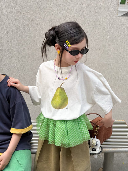 白の半袖Tシャツ、緑の洋梨プリント入りコットン