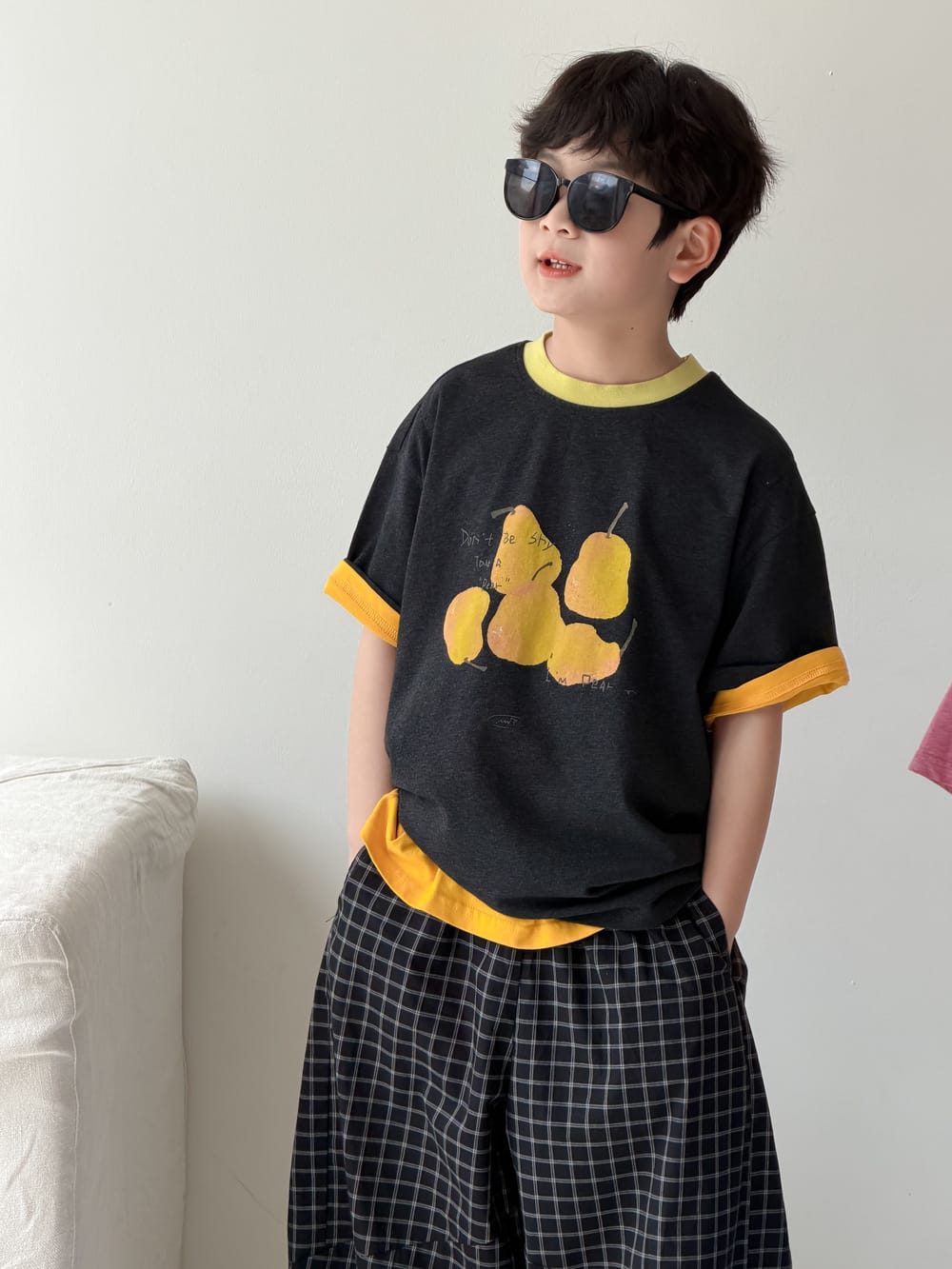 Pear Pattern Contrast Crewneck Top フルーツプリント 半袖Tシャツ【mh0013515】 Dark Gray / 100cm KUMAI.KIDS 半袖Tシャツ