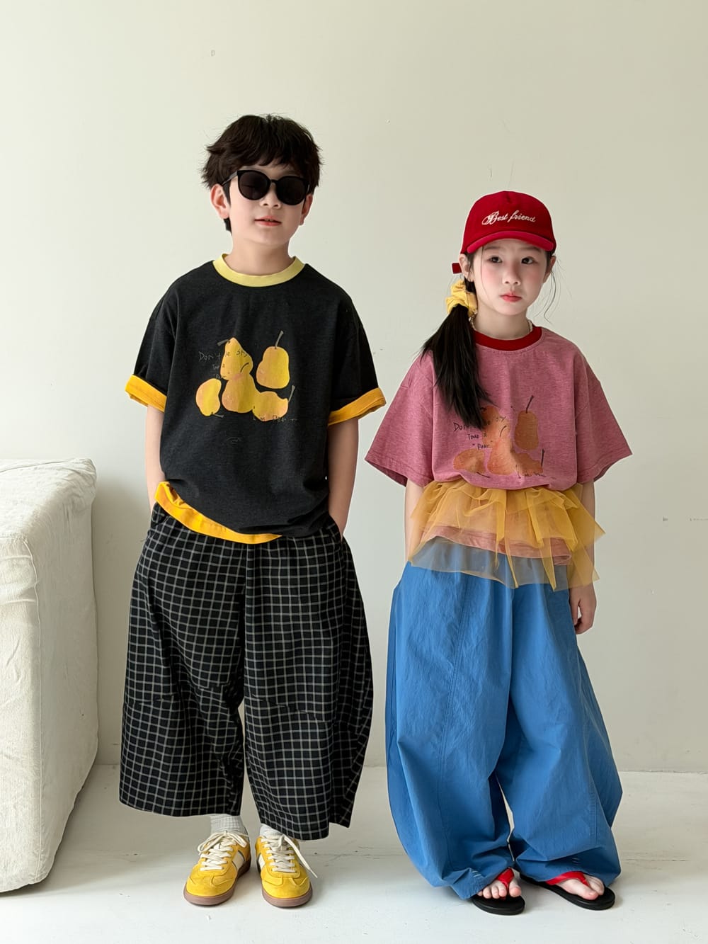 Pear Pattern Contrast Crewneck Top フルーツプリント 半袖Tシャツ【mh0013515】 KUMAI.KIDS 半袖Tシャツ