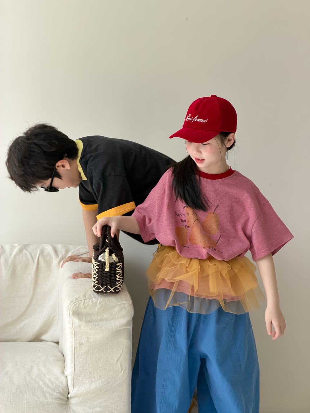 Pear Pattern Contrast Crewneck Top フルーツプリント 半袖Tシャツ【mh0013515】 KUMAI.KIDS 半袖Tシャツ