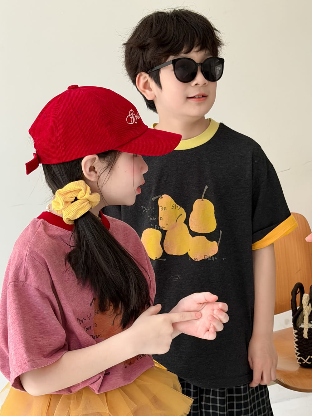 Pear Pattern Contrast Crewneck Top フルーツプリント 半袖Tシャツ【mh0013515】 KUMAI.KIDS 半袖Tシャツ