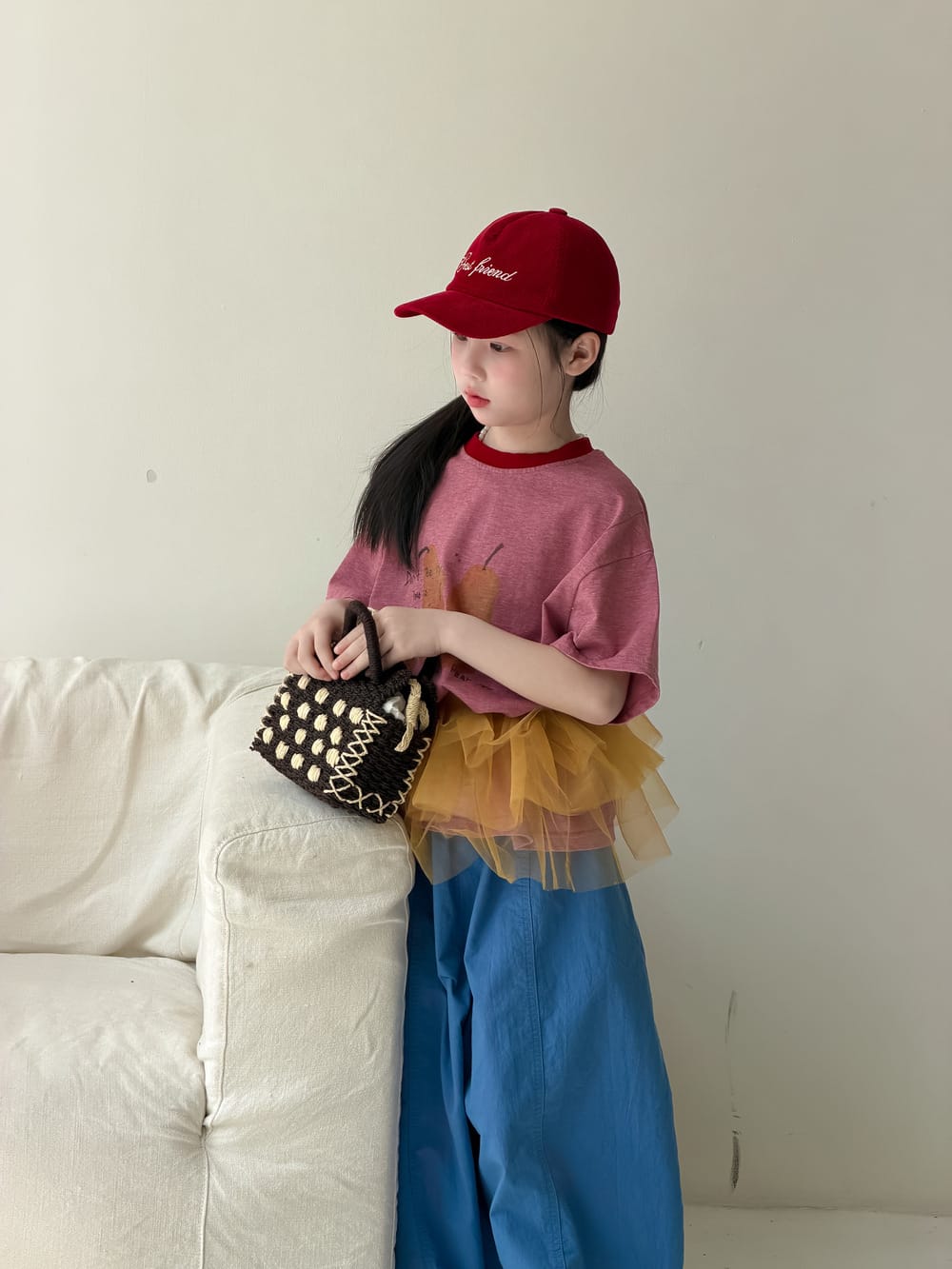 Pear Pattern Contrast Crewneck Top フルーツプリント 半袖Tシャツ【mh0013515】 Red / 100cm KUMAI.KIDS 半袖Tシャツ