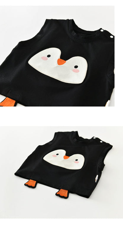 ペンギンアップリケ付き黒のノースリーブTシャツ、ボタン風留めと明るい顔アップリケ