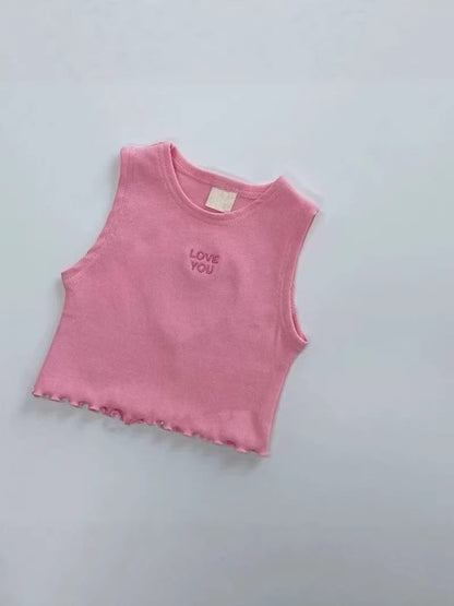 ピンクのハート刺繍ノースリーブTシャツ