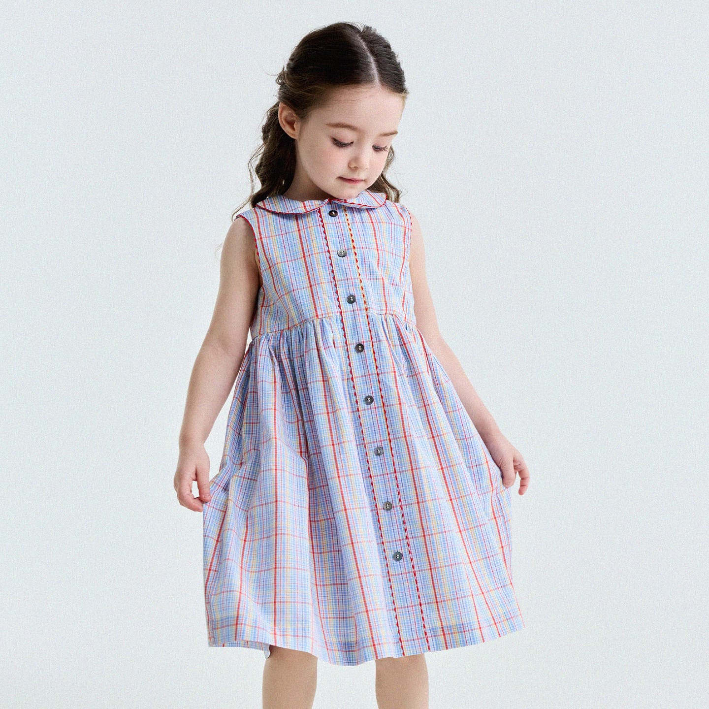 Peter Pan Collar Plaid Dress ラウンドカラー ノースリーブワンピース【mh0013177】 Blue / 90cm yunerma ノースリーブワンピース