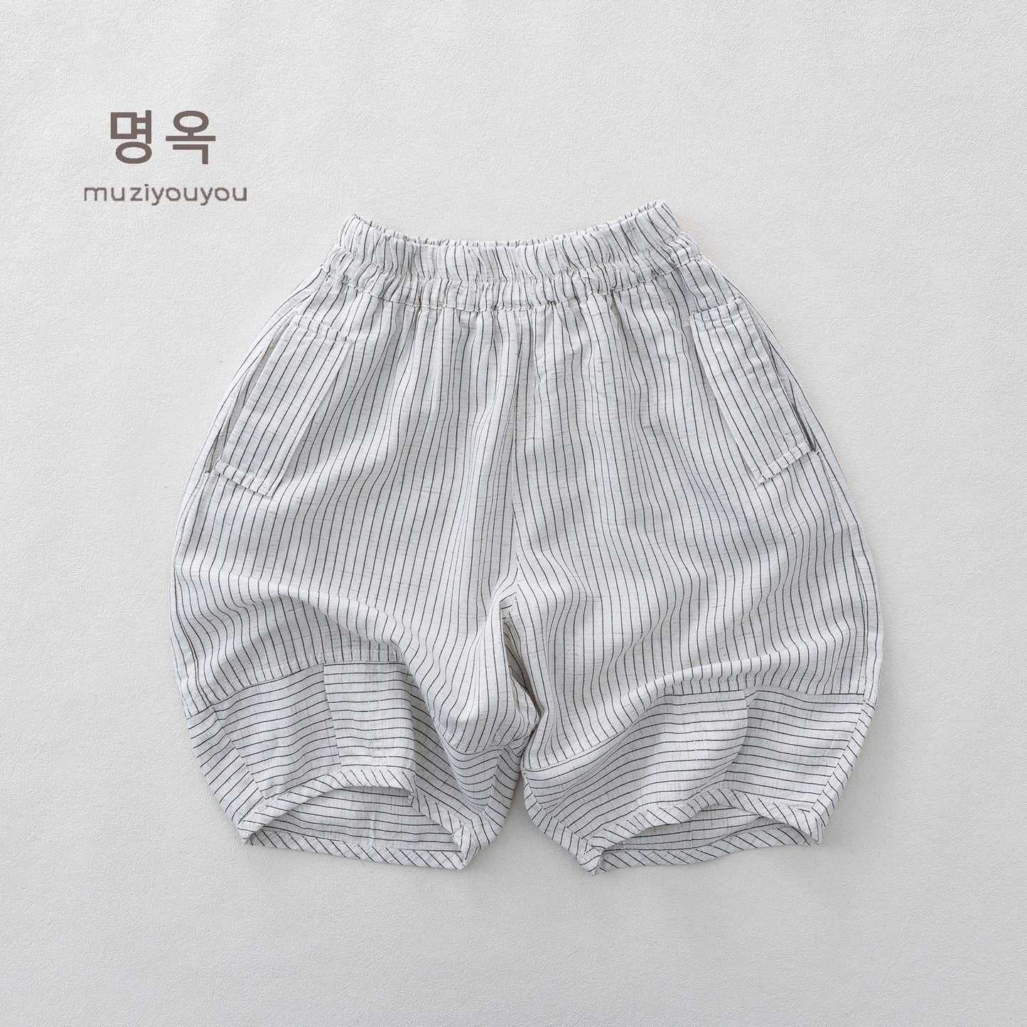 Pinstripe Cotton-Linen Shorts バルーンハーフパンツ【mh0013143】 Beige / 80cm 명옥 muziyouyou ハーフパンツ・ショートパンツ