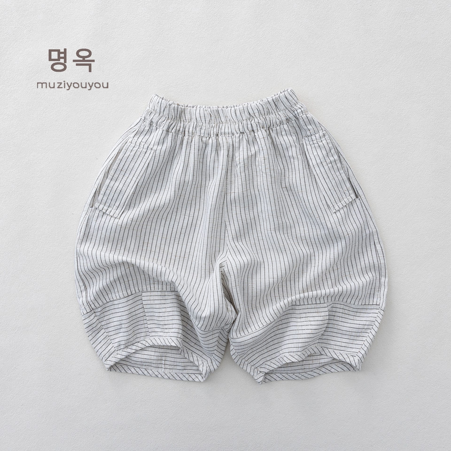 Pinstripe Cotton-Linen Shorts バルーンハーフパンツ【mh0013143】 Beige / 80cm 명옥 muziyouyou ハーフパンツ・ショートパンツ