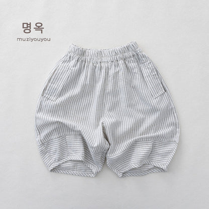 Pinstripe Cotton-Linen Shorts バルーンハーフパンツ【mh0013143】 Beige / 80cm 명옥 muziyouyou ハーフパンツ・ショートパンツ
