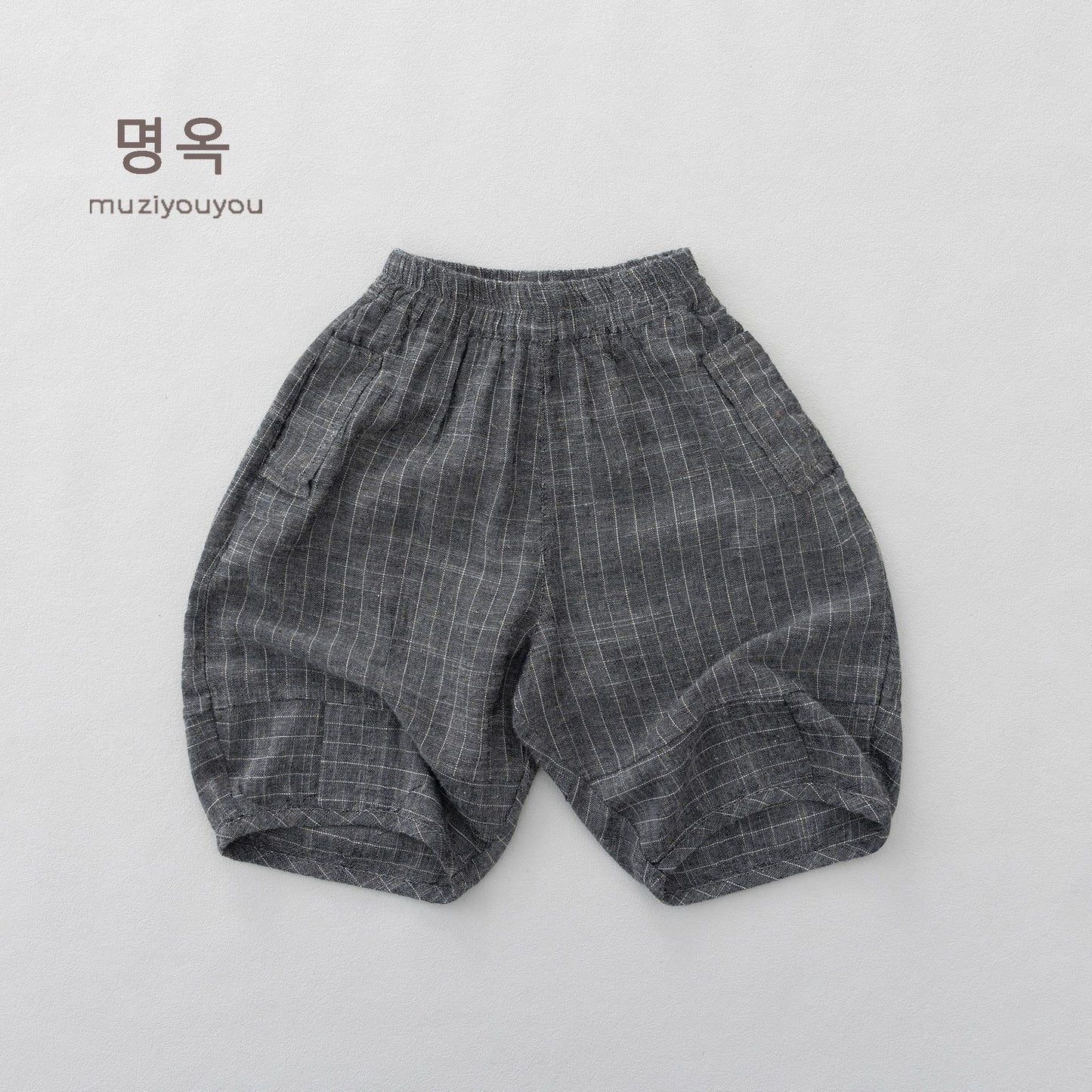 Pinstripe Cotton-Linen Shorts バルーンハーフパンツ【mh0013143】 Dark Gray / 80cm 명옥 muziyouyou ハーフパンツ・ショートパンツ