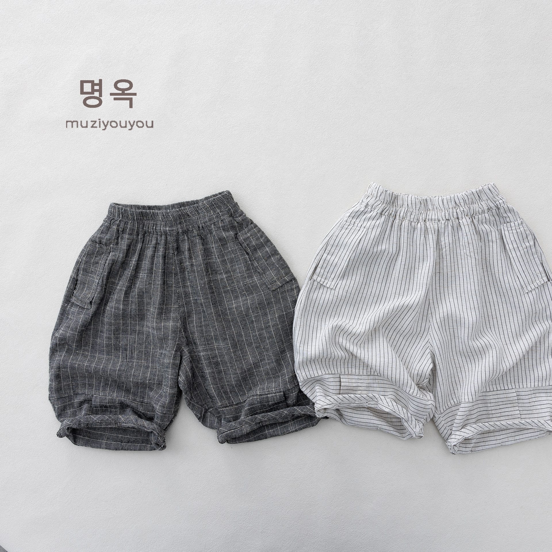 Pinstripe Cotton-Linen Shorts バルーンハーフパンツ【mh0013143】 명옥 muziyouyou ハーフパンツ・ショートパンツ
