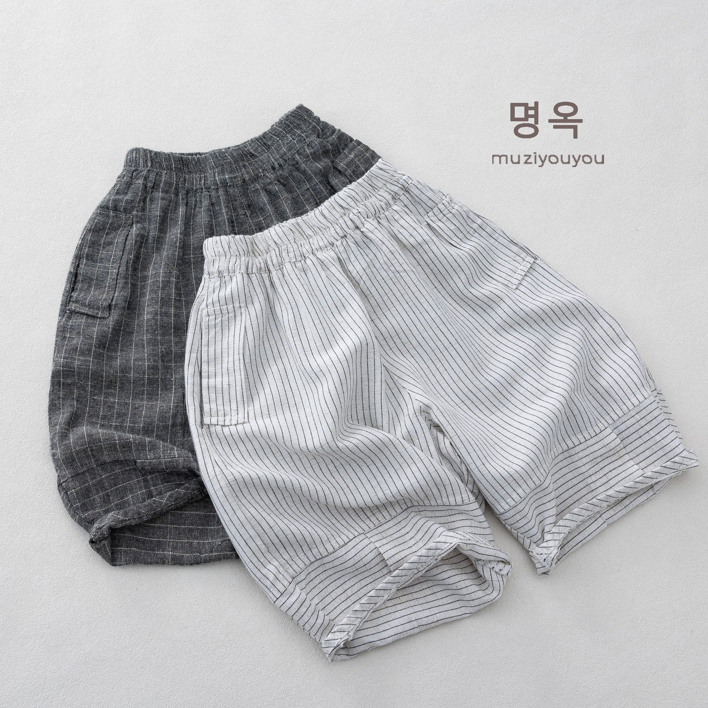 Pinstripe Cotton-Linen Shorts バルーンハーフパンツ【mh0013143】 명옥 muziyouyou ハーフパンツ・ショートパンツ