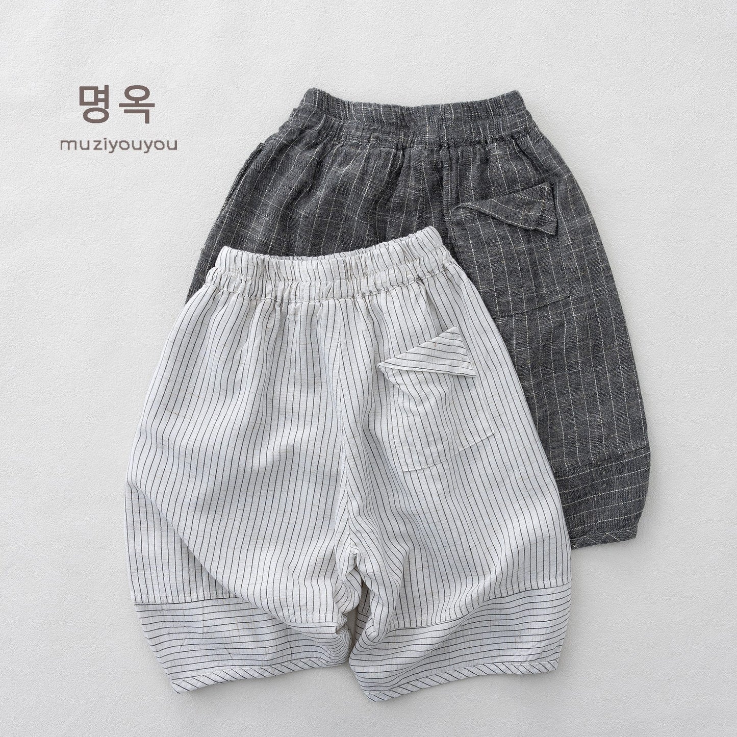 Pinstripe Cotton-Linen Shorts バルーンハーフパンツ【mh0013143】 명옥 muziyouyou ハーフパンツ・ショートパンツ