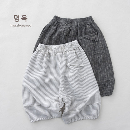 Pinstripe Cotton-Linen Shorts バルーンハーフパンツ【mh0013143】 명옥 muziyouyou ハーフパンツ・ショートパンツ