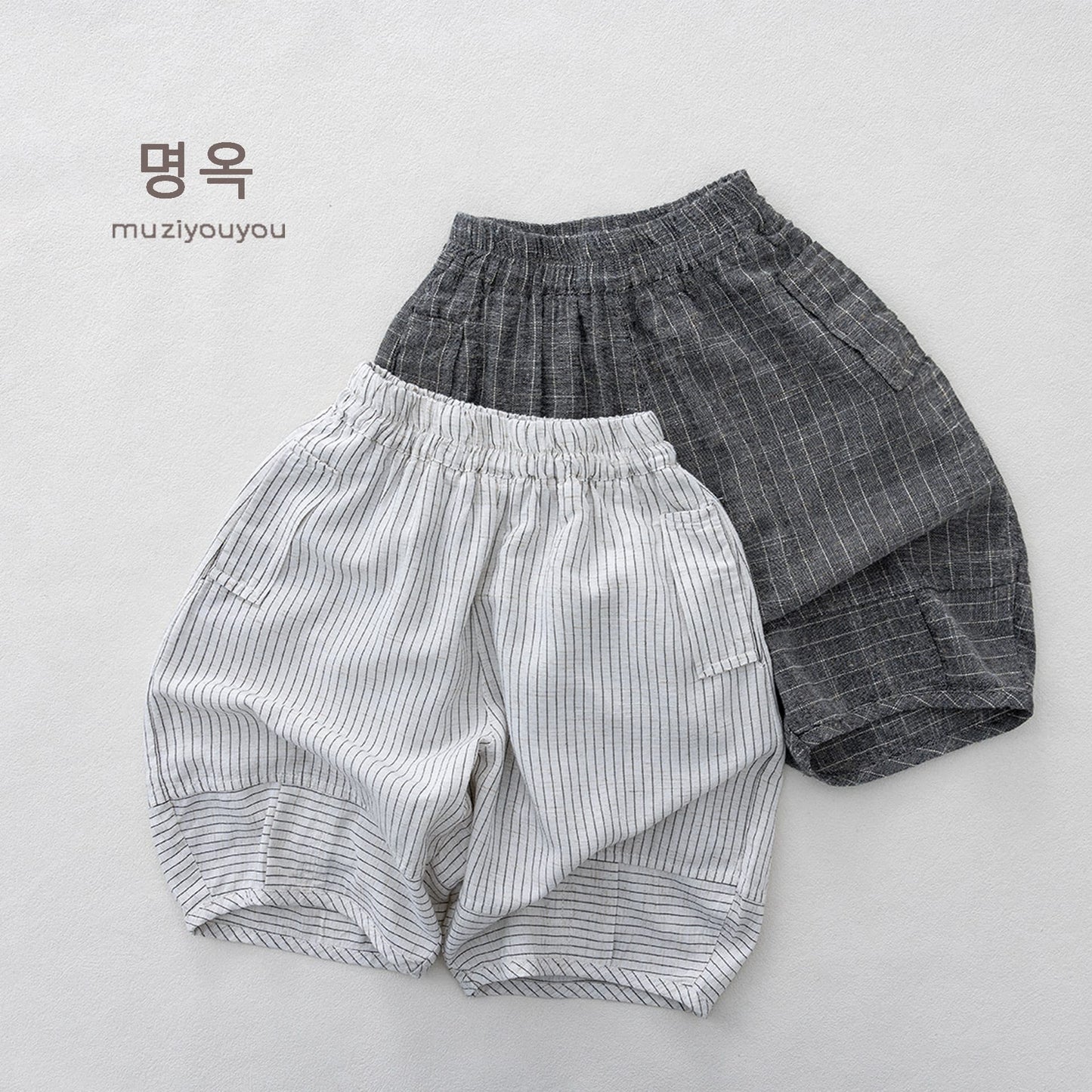 Pinstripe Cotton-Linen Shorts バルーンハーフパンツ【mh0013143】 명옥 muziyouyou ハーフパンツ・ショートパンツ