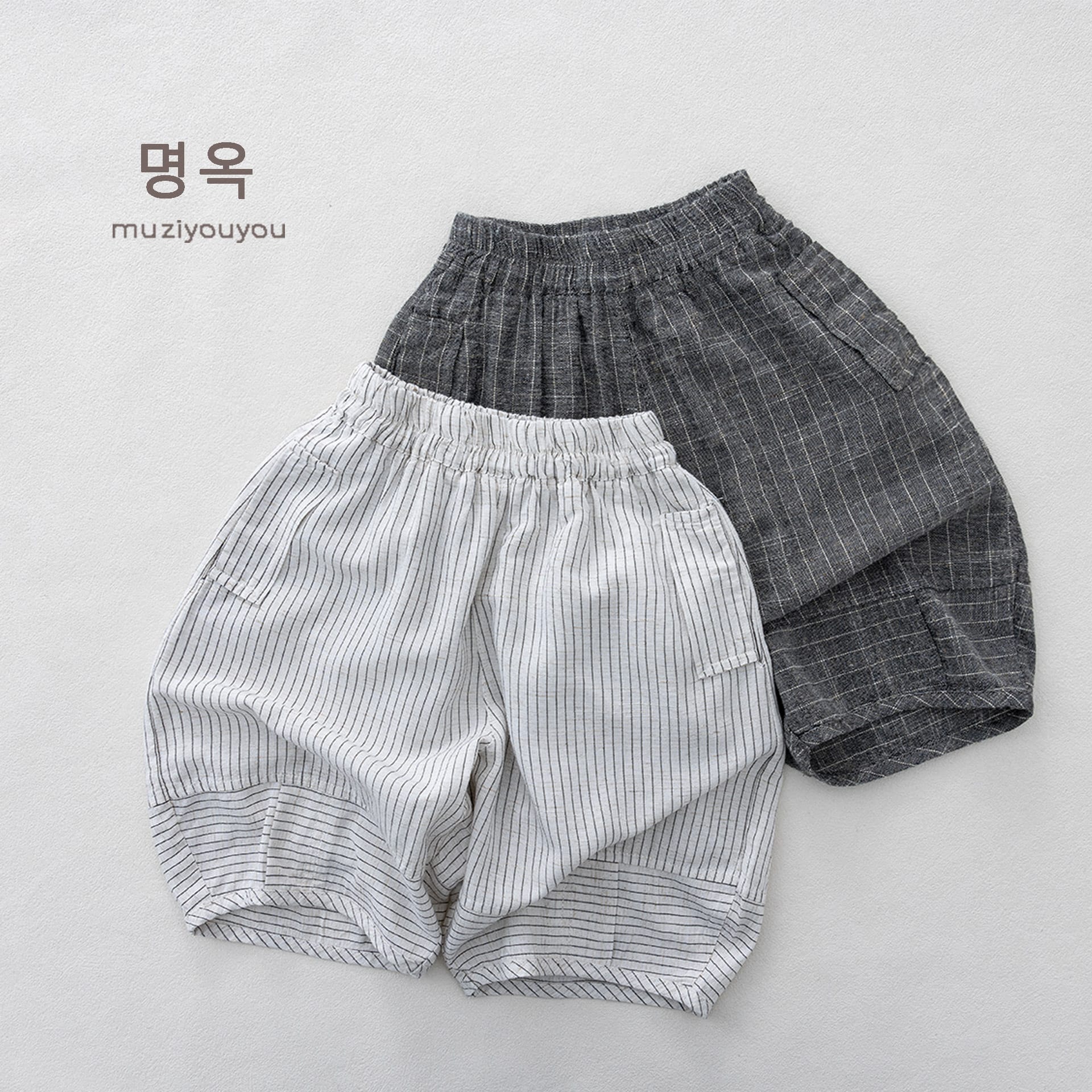 Pinstripe Cotton-Linen Shorts バルーンハーフパンツ【mh0013143】 명옥 muziyouyou ハーフパンツ・ショートパンツ