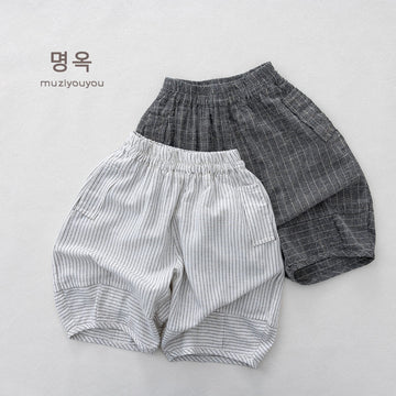 Pinstripe Cotton-Linen Shorts バルーンハーフパンツ【mh0013143】 명옥 muziyouyou ハーフパンツ・ショートパンツ