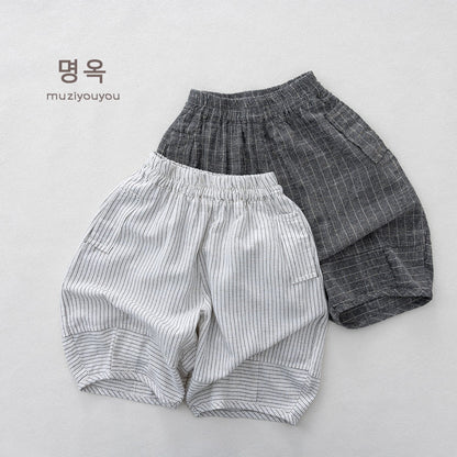 Pinstripe Cotton-Linen Shorts バルーンハーフパンツ【mh0013143】 명옥 muziyouyou ハーフパンツ・ショートパンツ