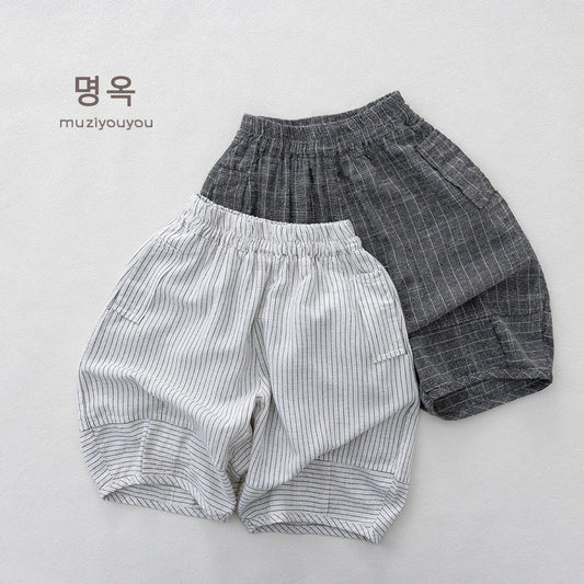 Pinstripe Cotton-Linen Shorts バルーンハーフパンツ【mh0013143】 명옥 muziyouyou ハーフパンツ・ショートパンツ
