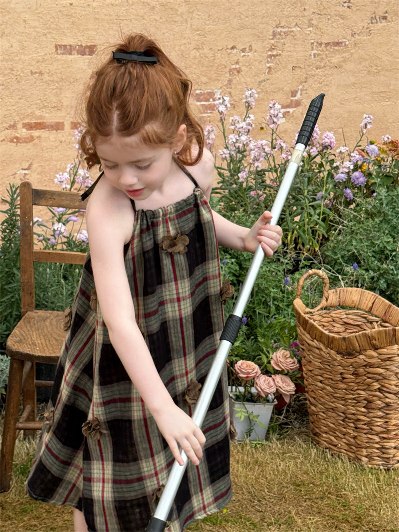 Plaid Flower Applique Slip Dress チェック フラワーモチーフ キャミソールワンピース【mh0012427】 90cm / lattice mamahalo shop