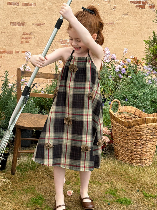 Plaid Flower Applique Slip Dress チェック フラワーモチーフ キャミソールワンピース【mh0012427】 Chengle