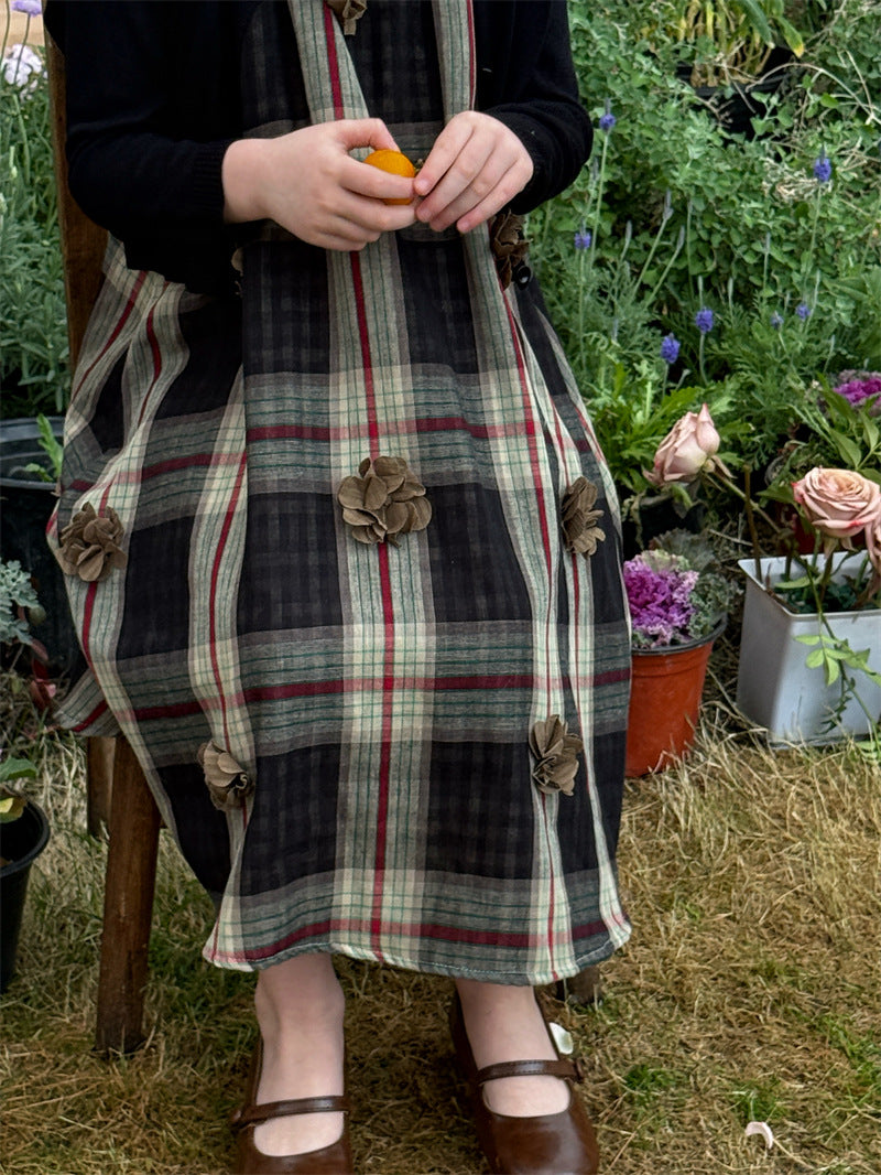 Plaid Flower Applique Slip Dress チェック フラワーモチーフ キャミソールワンピース【mh0012427】 Chengle