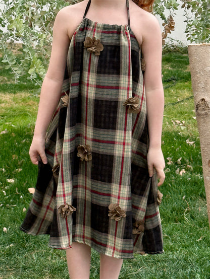 Plaid Flower Applique Slip Dress チェック フラワーモチーフ キャミソールワンピース【mh0012427】 Chengle