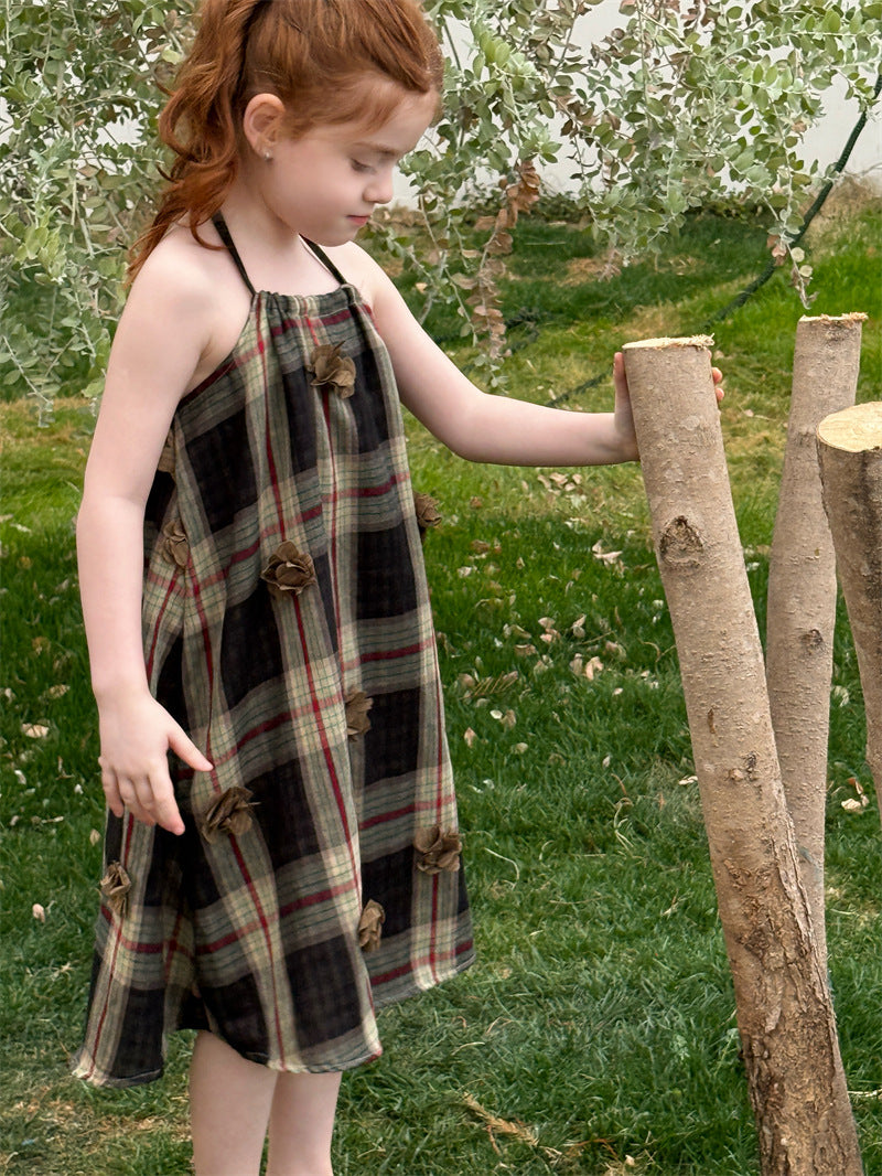 Plaid Flower Applique Slip Dress チェック フラワーモチーフ キャミソールワンピース【mh0012427】 mamahalo shop