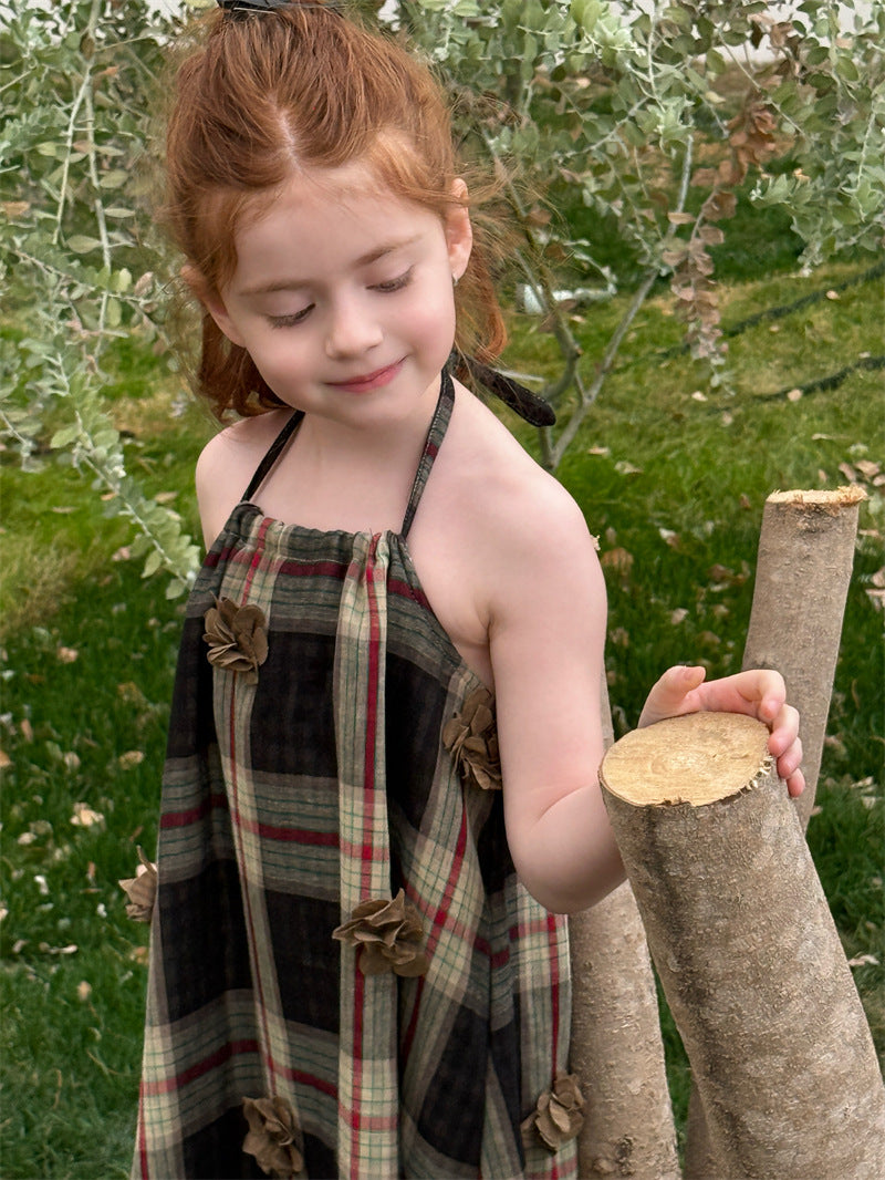 Plaid Flower Applique Slip Dress チェック フラワーモチーフ キャミソールワンピース【mh0012427】 mamahalo shop