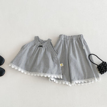 Plaid Halter Neck Top Lace Trim Shorts Set レース ノースリーブチュニック ガウチョパンツ【mh0013422】 angou ノースリーブセットアップ