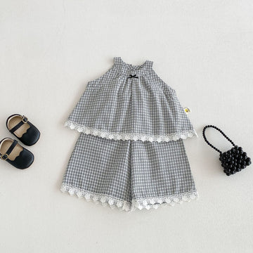 Plaid Halter Neck Top Lace Trim Shorts Set レース ノースリーブチュニック ガウチョパンツ【mh0013422】 angou ノースリーブセットアップ