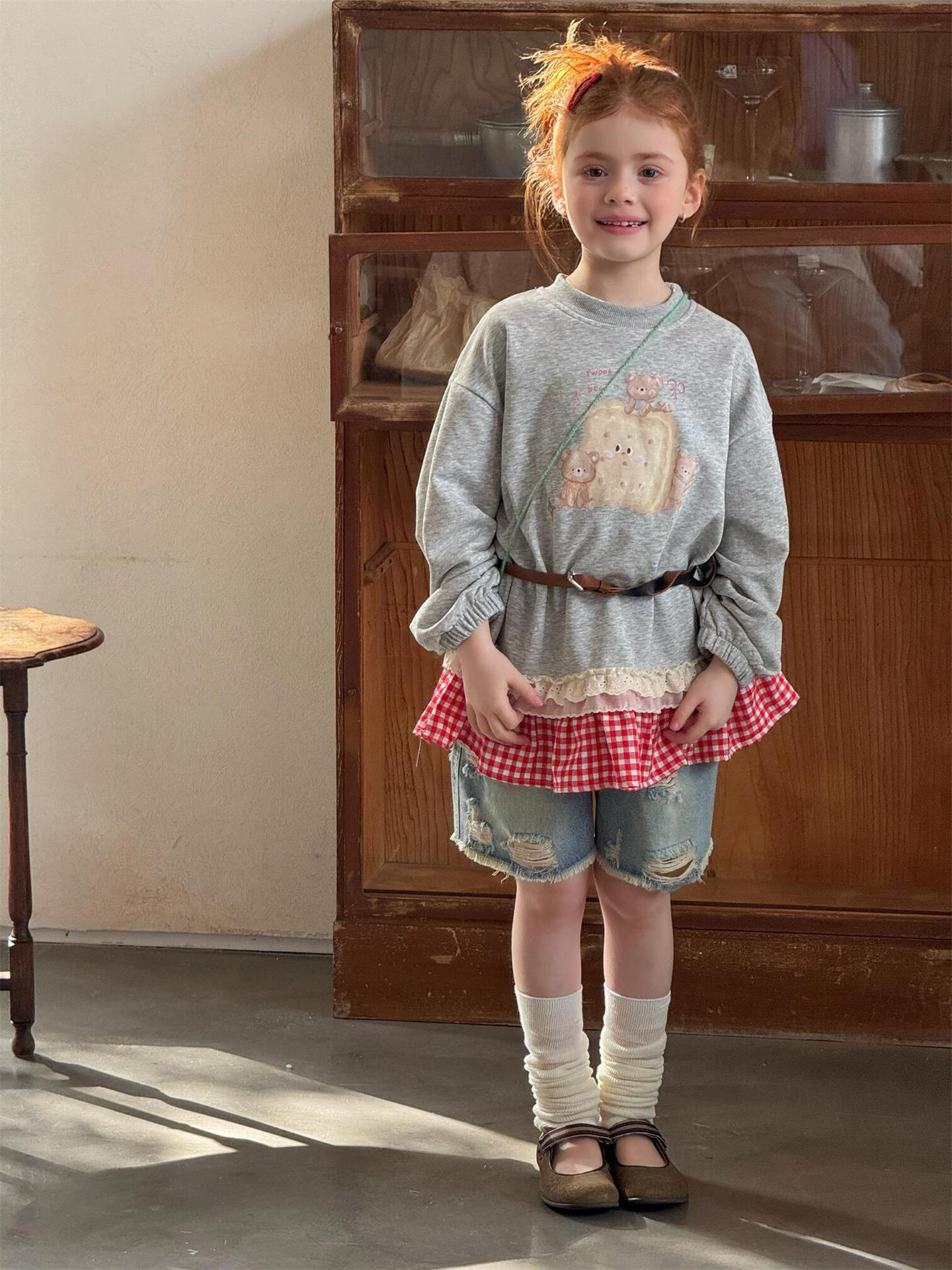 Plaid Lace Print Sweatshirt チェック柄 レース スウェットシャツ【mh0012314】 Jianzidan