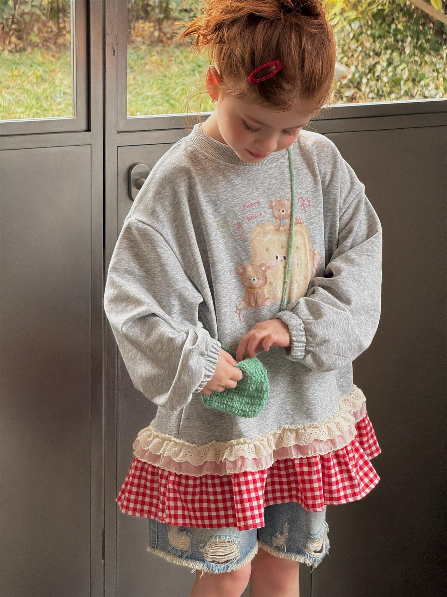 Plaid Lace Print Sweatshirt チェック柄 レース スウェットシャツ【mh0012314】 Jianzidan