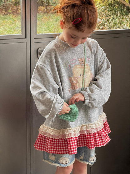 Plaid Lace Print Sweatshirt チェック柄 レース スウェットシャツ【mh0012314】 Jianzidan