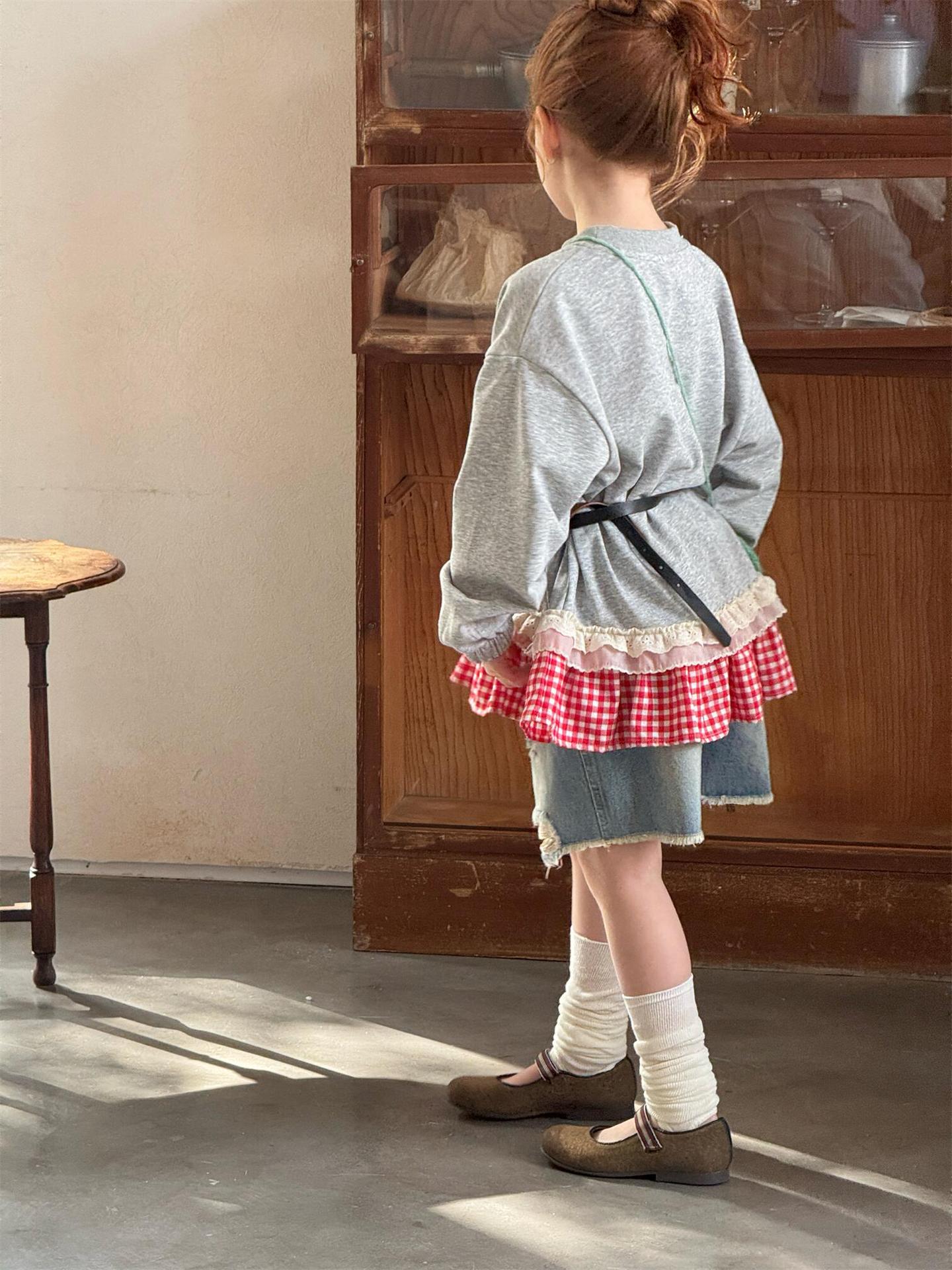 Plaid Lace Print Sweatshirt チェック柄 レース スウェットシャツ【mh0012314】 Jianzidan