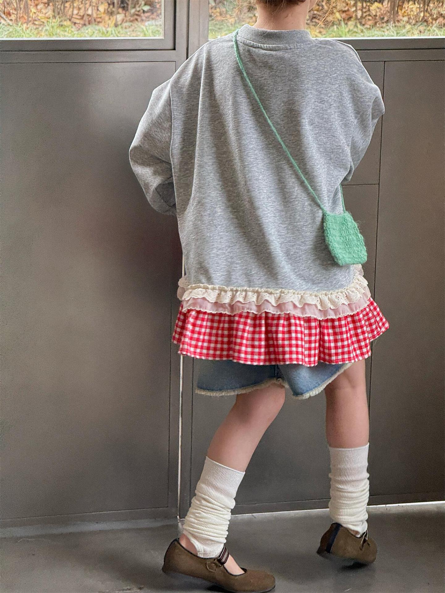 Plaid Lace Print Sweatshirt チェック柄 レース スウェットシャツ【mh0012314】 Jianzidan