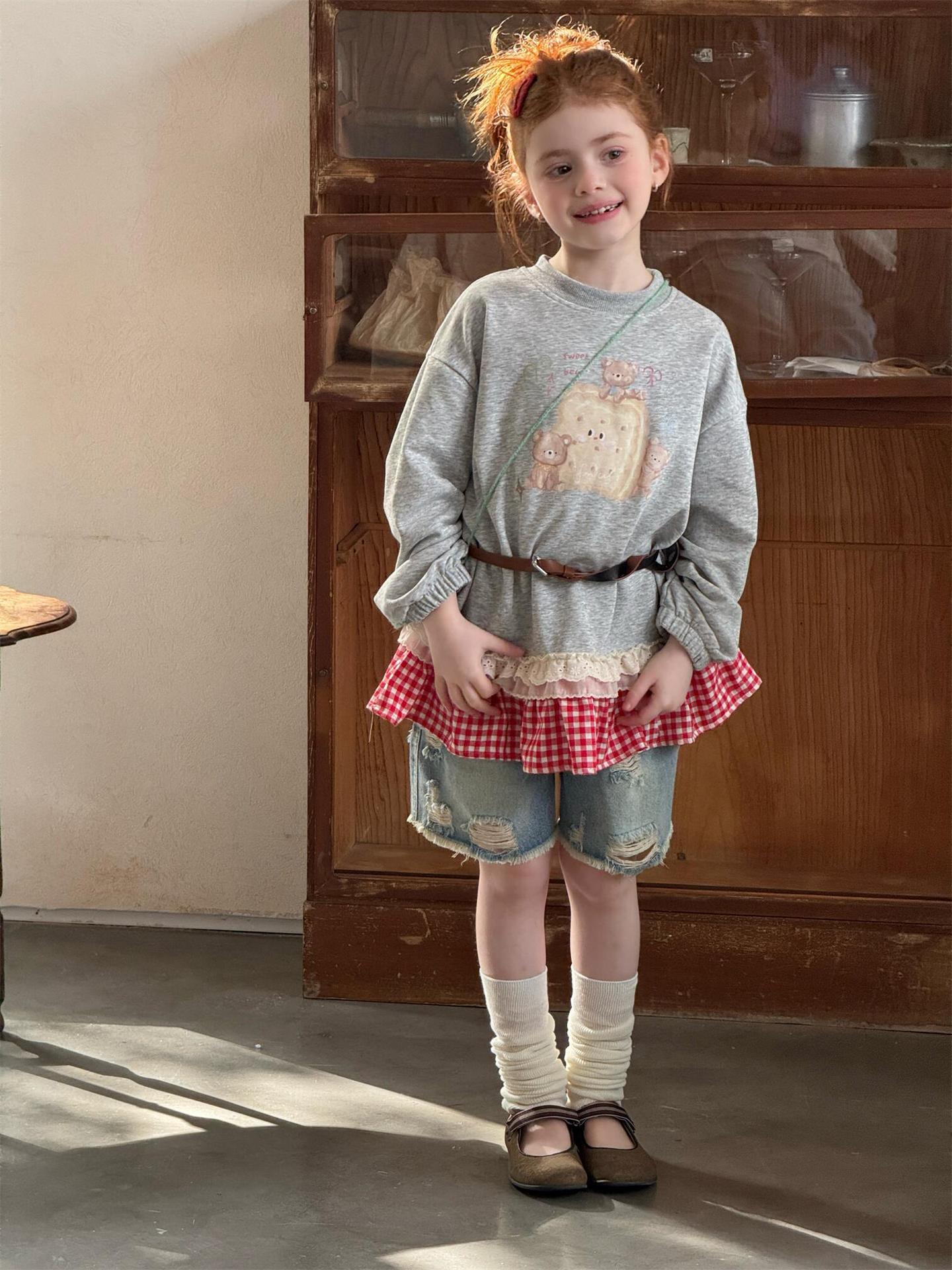 Plaid Lace Print Sweatshirt チェック柄 レース スウェットシャツ【mh0012314】 Jianzidan