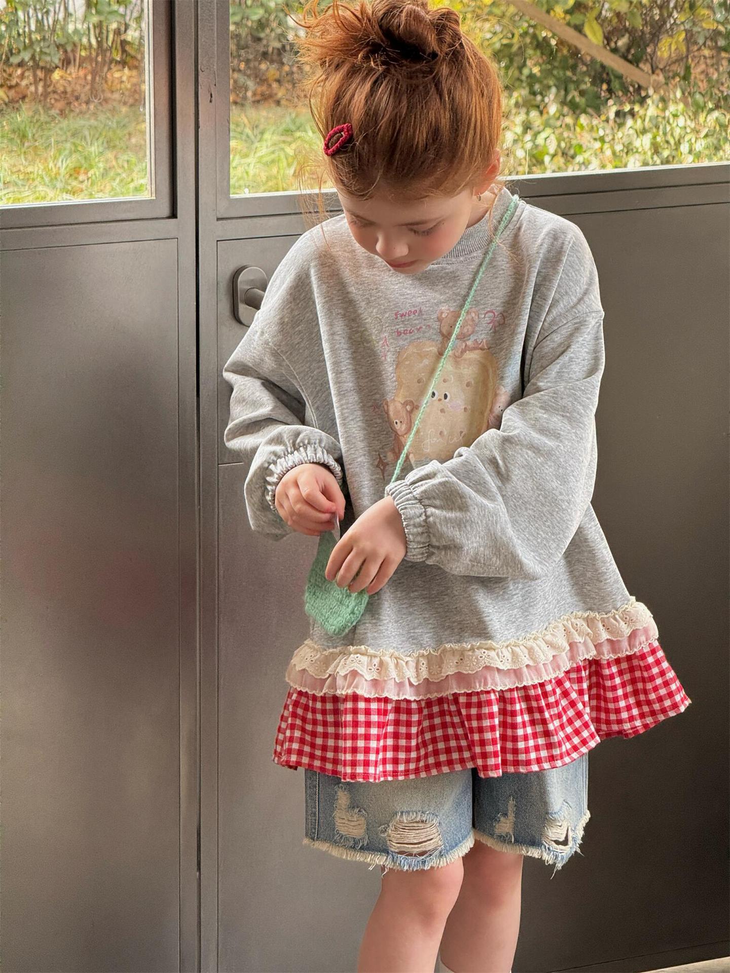 Plaid Lace Print Sweatshirt チェック柄 レース スウェットシャツ【mh0012314】 Jianzidan