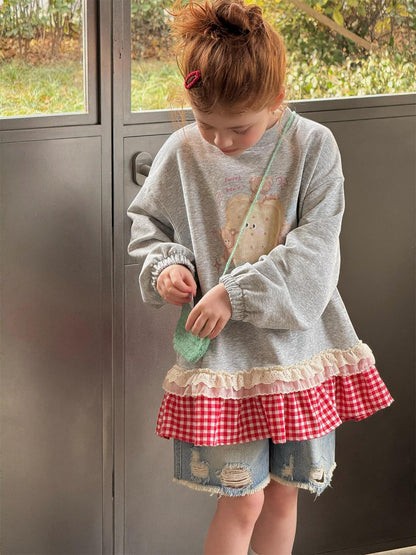 Plaid Lace Print Sweatshirt チェック柄 レース スウェットシャツ【mh0012314】 Jianzidan