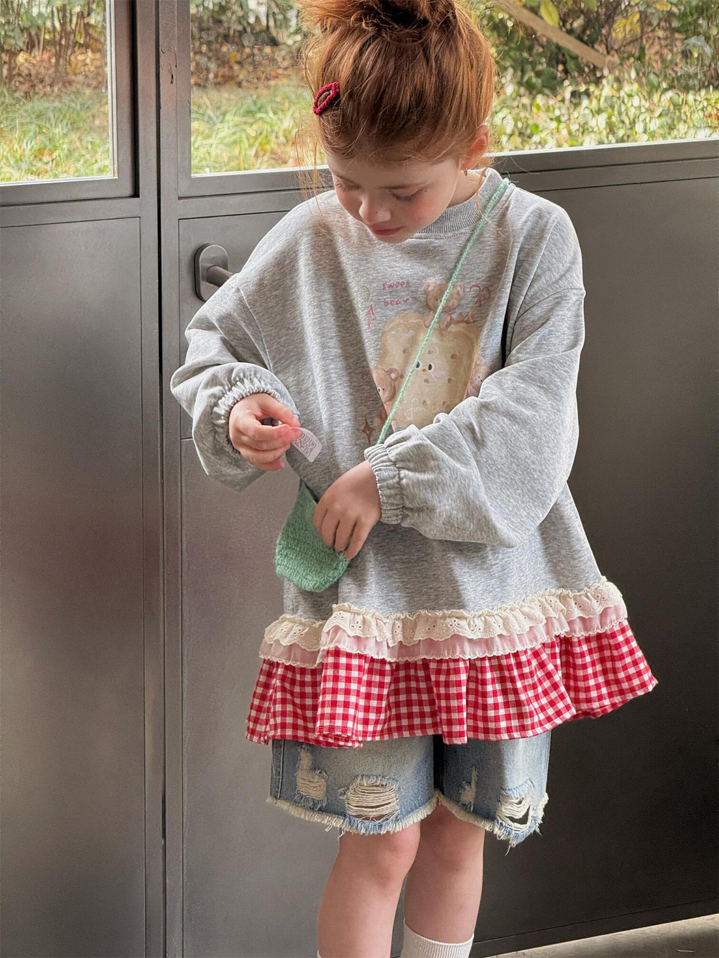 Plaid Lace Print Sweatshirt チェック柄 レース スウェットシャツ【mh0012314】 Jianzidan